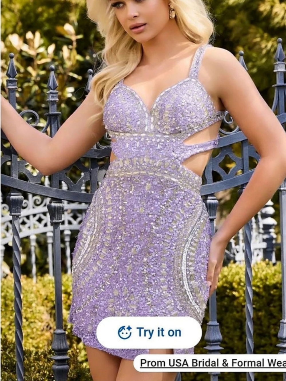 SIze 8 **Jovani 46088 Sequin V-Neck Mini Dress with Side Cutouts Purple NWT'S